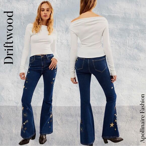 DRIFTWOOD EMBROIDERED FLARE JEANS IN DARK WASH SIZE 34 - Picture 1 of 10